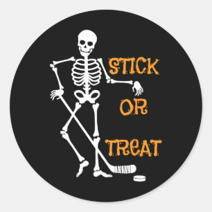 Adesivo Redondo Esqueleto de Stick ou Treat Hóquei no Gelo Hallowe