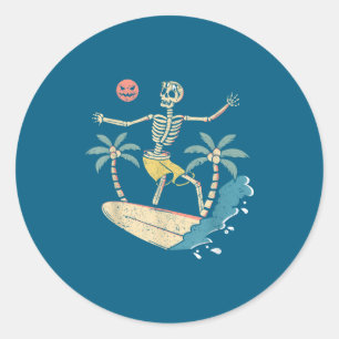 Adesivo Redondo Esqueleto de Surfista do Havaí no Halloween na Pra