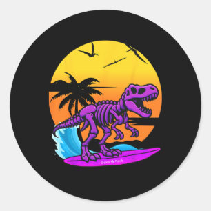 Adesivo Redondo Esqueleto de T-rex Surfando de Neon Com Retrospect