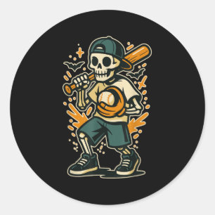Adesivo Redondo Esqueleto do Dia de as Bruxas engraçado Baseball F