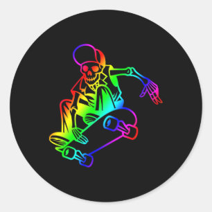 Adesivo Redondo Esqueleto Em Skate Rainbow Skater Contorno Skat