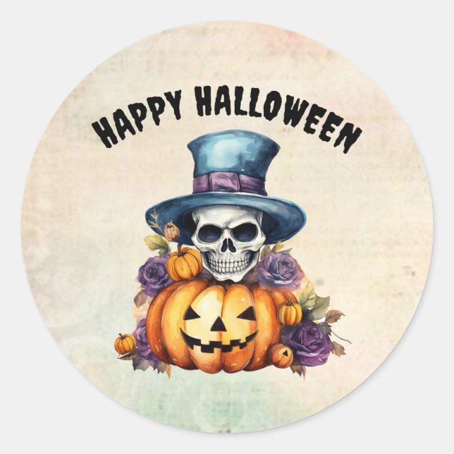 Adesivo Redondo Esqueleto Feliz de Halloween e Pumpkin Sticker (Frente)