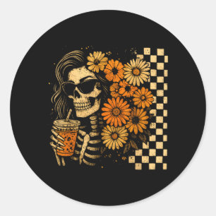 Adesivo Redondo Esqueleto Floral de Outono Café Mãe Halloween Retr