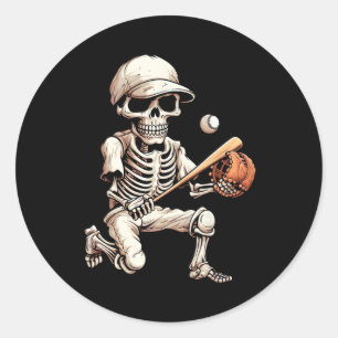 Adesivo Redondo Esqueleto Jogando Baseball Halloween Skull Lover