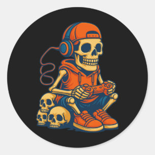 Adesivo Redondo Esqueleto Retro de Halloween para Gamer de Vídeo G
