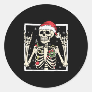 Adesivo Redondo Esqueleto Rocker Chapéu de Papai Noel Natal Legal
