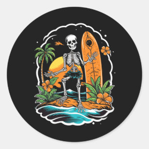 Adesivo Redondo Esqueleto Surfando Performance de Halloween no Hav