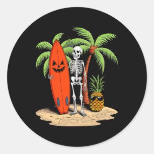 Adesivo Redondo Esqueleto Surfando Vibração de Praia de Halloween