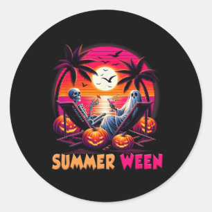 Adesivo Redondo Esqueleto Vibe de Praia de Summer-ween no pôr do s