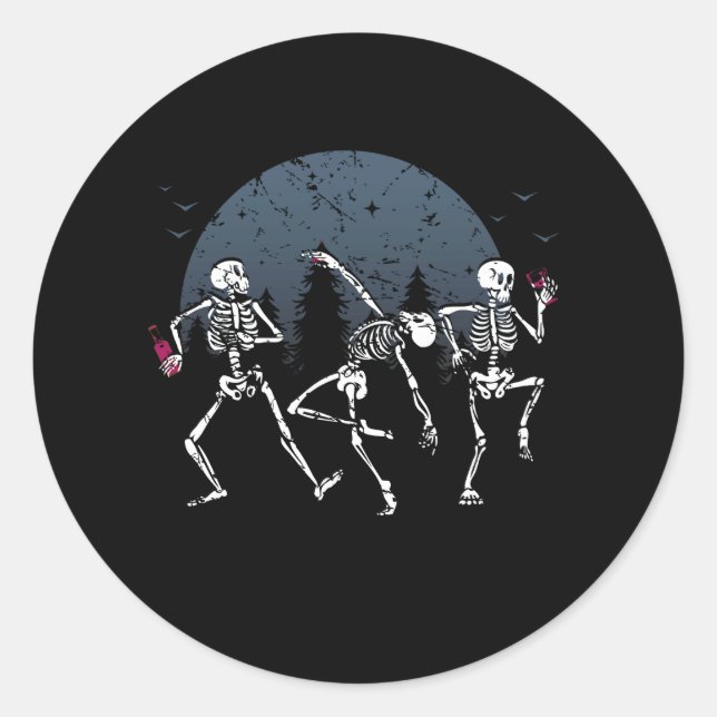 Adesivo Redondo Esqueletos dançarinos Bebendo Vinho Vinho Vento So (Frente)