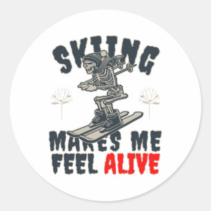 Adesivo Redondo Esqui Alpino Skeleton Sinto-me Vivo Esquiando