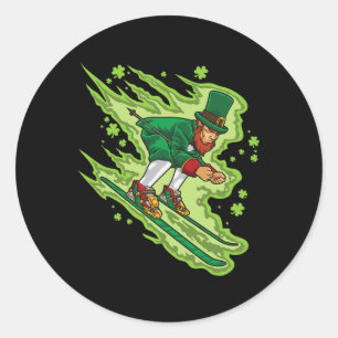 Adesivo Redondo Esqui Leprechaun - Esportes De Inverno Irlandeses 