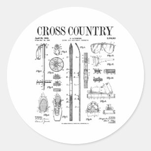 Adesivo Redondo Esqui Nórdico Cruzado Esqui Vintage Patent Ski
