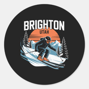 Adesivo Redondo Esqui Vintage Brighton Utah Esporte de Inverno Ret
