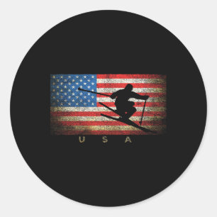 Adesivo Redondo Esqui Vintage EUA Bandeira Americana Clic Mulheres