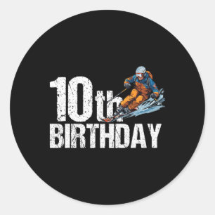 Adesivo Redondo Esquiador Aniversário de 10 anos Menino Menina Esq