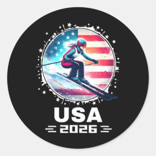 Adesivo Redondo Esquiadora Equipe Esqui EUA 2026 Esqui Bandeira Am