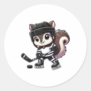 Adesivo Redondo Esquilo Chibi se Divertindo Jogando Hóquei no Gelo
