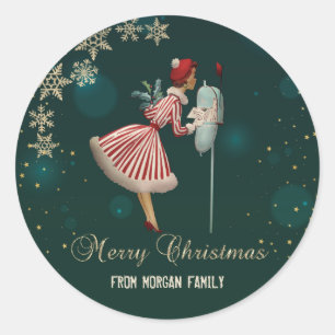 Adesivo Redondo Esquilo de natais vintages, Flocos de neve