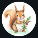 Adesivo Redondo Esquilo doce segurando Holly Branch Christmas<br><div class="desc">Um esquilo de aquarela bonito com um pinheiro e um berço de morango.</div>