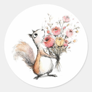 Adesivo Redondo Esquilo Fofo com Buquê de Flores