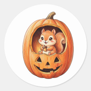 Adesivo Redondo Esquilo Fofo dentro da Abóbora de Halloween Jack o