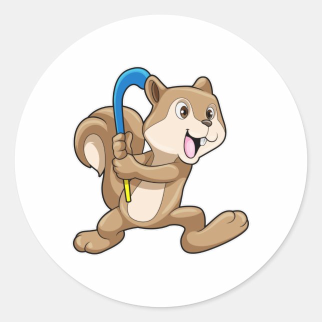 Adesivo Redondo Esquilo no hóquei de campo com bastão de hóquei (Frente)