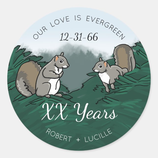 Adesivo Redondo Esquilos de Amor Evergreen Personalizados (Frente)