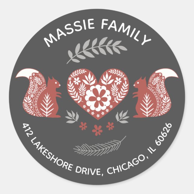 Adesivo Redondo Esquilos Escandinavos Com Endereço Cardíaco (Frente)