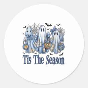 Adesivo Redondo Esta É A Época Blue Patchwork Ghost Pumpkin Spooky