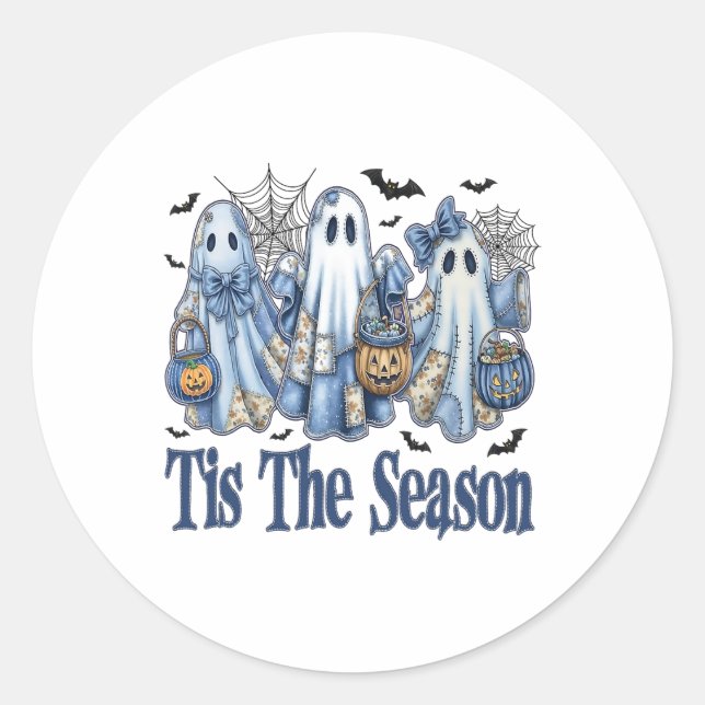 Adesivo Redondo Esta É A Época Blue Patchwork Ghost Pumpkin Spooky (Frente)
