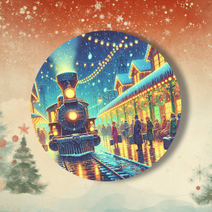 Adesivo Redondo Estação de trem Vintage na véspera de Natal Noite