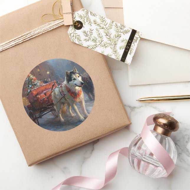 Adesivo Redondo Estação Festiva de Natal do Alaska Malamute (Presentear)