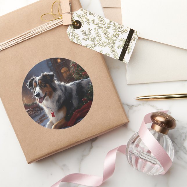 Adesivo Redondo Estação Festiva de Natal do Pastor Australiano (Presentear)