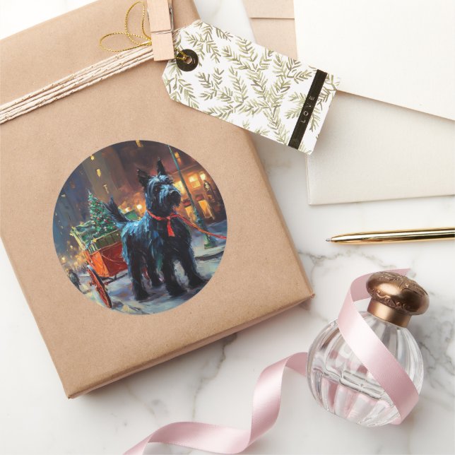 Adesivo Redondo Estação Festiva Terrier Christmas da Escócia (Presentear)