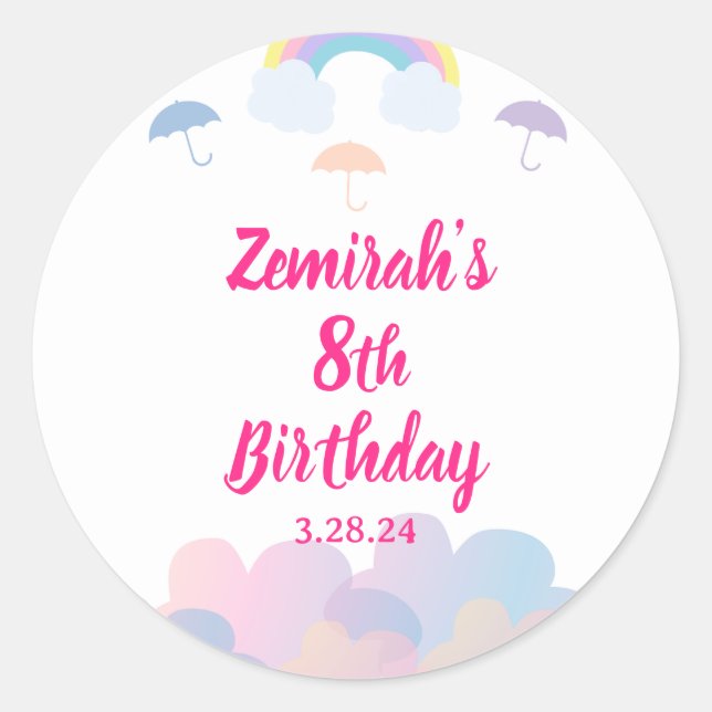 Adesivo Redondo Estação Rainy - Guarda-chuvas Pastel e Nuvens (Frente)