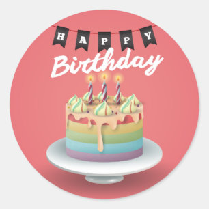 Adesivo Redondo Estamenha do preto do bolo do feliz aniversario 3D
