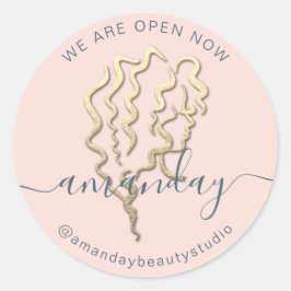 Adesivo Redondo Estamos abertos Nome do logotipo Dourado Beleza do