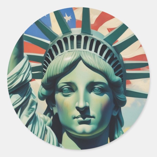 Adesivo Redondo Estátua da Liberdade e Bandeira Americana Art Nova (Frente)