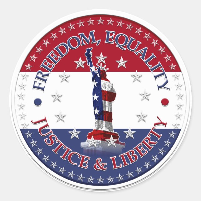 Adesivo Redondo Estátua da Liberdade, Igualdade, JUSTIÇA, LIBERDAD (Frente)