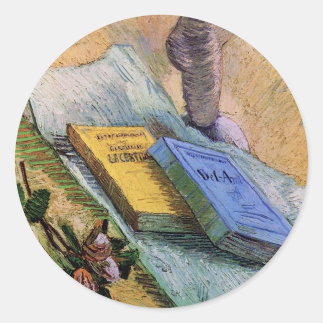 Adesivo Redondo Estatueta Rosa e Novels Vincent van Gogh (Frente)