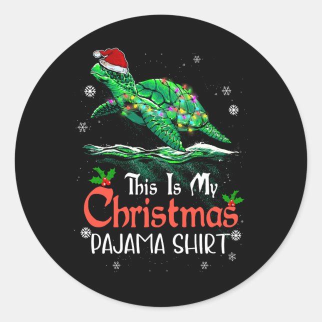 Adesivo Redondo Este É O Meu Natal Pajama Sea Turtle Santa Hat L (Frente)