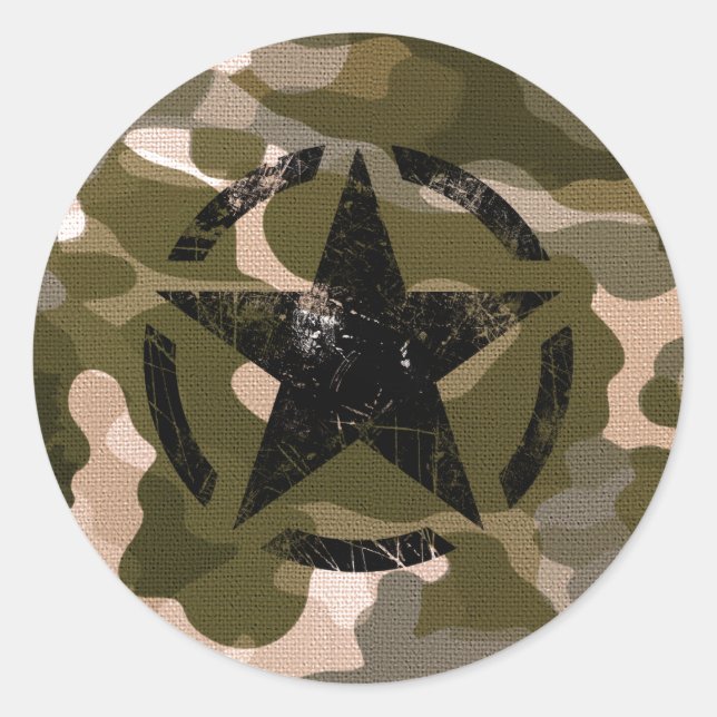 Adesivo Redondo Estêncil Estrelado Vintage na Camouflage (Frente)