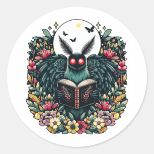 Adesivo Redondo Estética Cottagecore Mothman Amante de Livros Acam