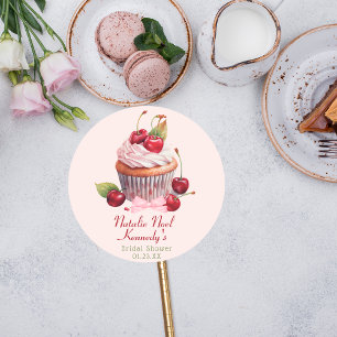 Adesivo Redondo Estética de Coquete Bolo de Cereja com Laço Rosa G