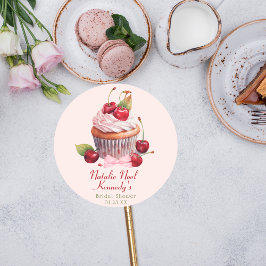 Adesivo Redondo Estética de Coqueteleira Laço Rosa Bolo de Cereja 