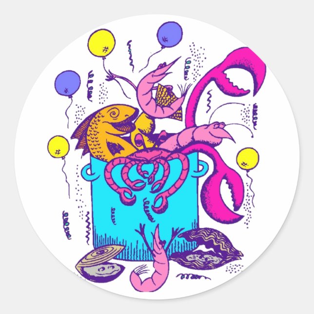 Adesivo Redondo Estilo Cajun Pote com peixes, lagostas, camarões (Frente)