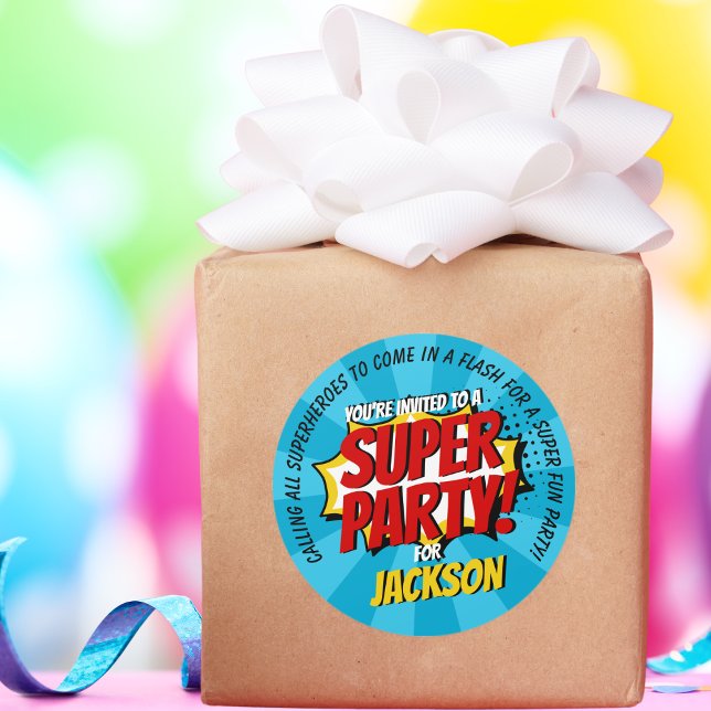 Adesivo Redondo Estilo Comic Super Herói Menino Azul de Aniversári (Criador carregado)