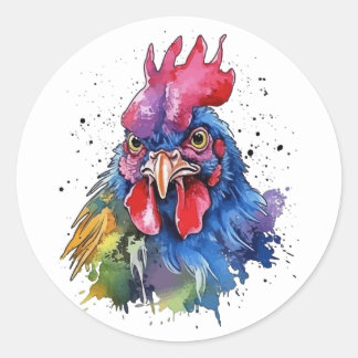 Adesivo Redondo Estilo de Aquarela de Galinha do País Rooster