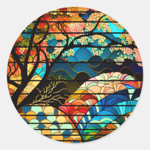 ADESIVO REDONDO ESTILO DE ARTE JAPONÊS FLORESTA MODERNA